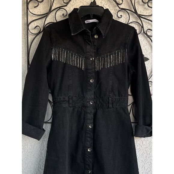 Zara Rhinestone Fringe Denim Dress - Size Small - Picture 4 of 11